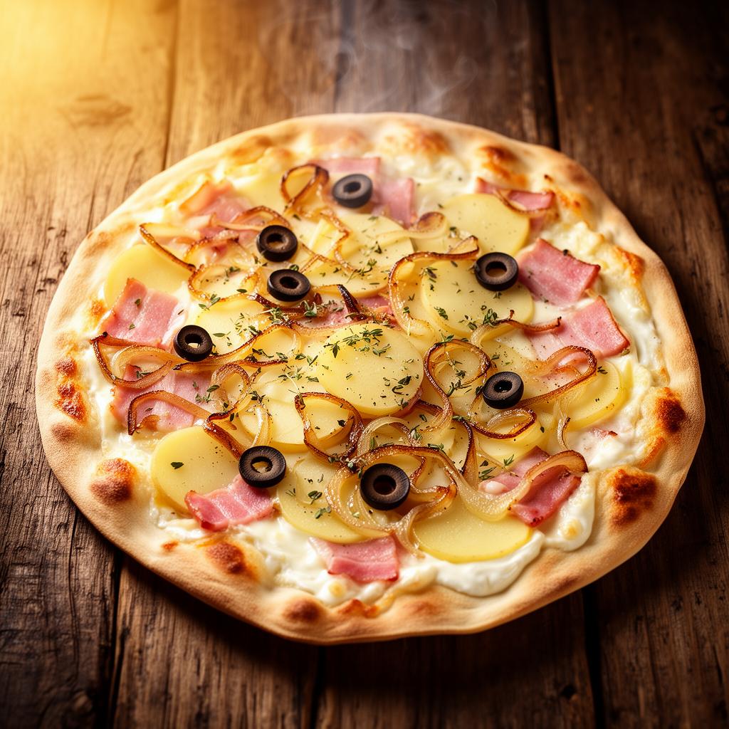 Flamme — Crème fraîche, jambon, pomme de terre, oignon, fromage, origan, olives